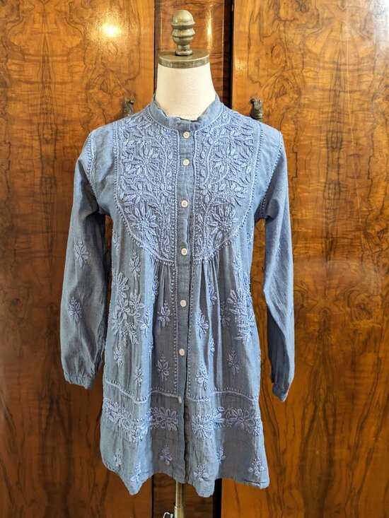 Kyla Seo Tops - Kyla Seo Blue Chambray Embroidered Babydoll Blouse S Button Front Boho Peasant